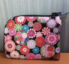 L字ファスナーミニ財布　和柄黒　ハンドメイド