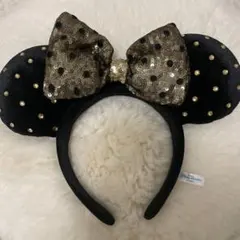 ミッキー型カチューシャ 黒と金 スパンコール付き