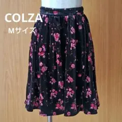 【COLZA】黒地にピンク花柄ベルベットフレアスカート Mサイズのサムネイル