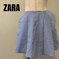 ZARA ザラ　青 白 チェック パンツ　キュロット　ポケット
