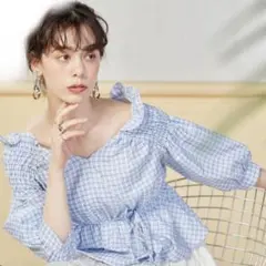 フィフス　ペプラム　チェックブラウス　ブルー　ギンガムチェック