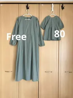 プティマインリアン　親子リンクコーデ　お揃い　ワンピース　ギンガムチェック　緑色