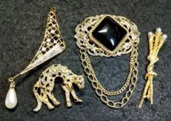 最終値下げ！豪華 ブローチ ４点 ジルコニア他 ゴールド系 #1567-4