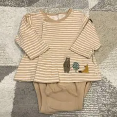 コンビCombi mini ベージュストライプ　動物刺繍　ロンパース 60-70