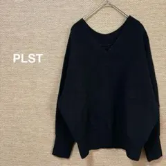 1748【PLST】ウール✨Vネック リブニットセーター 長袖【M】黒　キレイめ