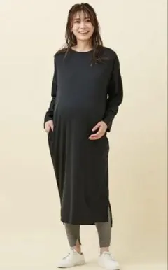 マタニティ 九分袖 Tシャツワンピース ロング丈・スリット入 ベルメゾン 黒