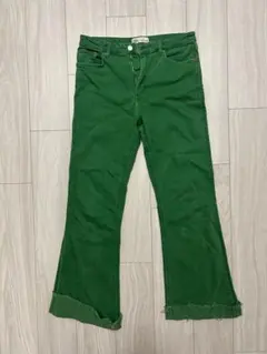 ZARA グリーン デニムパンツ カットオフ