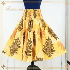 【フラダンス衣装】イエロー パウスカート 黄 茶 白 葉っぱ柄 明るい ブラウン