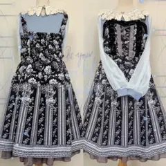 【2点セット】クラシカルブルーローズのワンピース、レース襟カットソー★axes