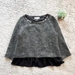 【MICHEL KLEIN】ビジュー付きトップス 7分袖 フリル プルオーバー