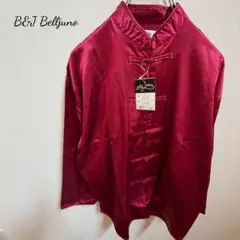 【Belljuno】チャイナボタン サテンブラウス ワインレッド 光沢 M〜L