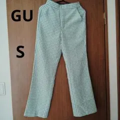 【値下げ】GUグリーンチェック フレアストレートパンツ ハイウエストS