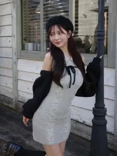 完売 YILON One shoulder cable knit op navy - メルカリ