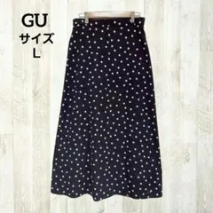 GU ロング フレアスカート L ブラック 黒 ドット ポリエステル きれいめ