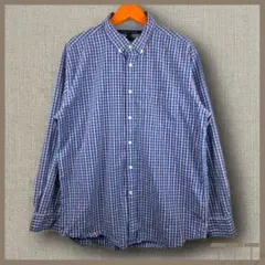 【トミーヒルフィガー】長袖BDシャツ XL チェック コットン 青 【C56】