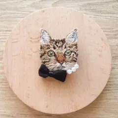刺繍ブローチ＊おめかしキジトラ猫 ｜動物刺繍 ねこ