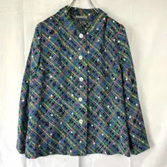 美品 ルルウィルビー 総柄ブラウス グリーン×ブラック ドット チェック