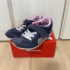 19cm ミズノ　ミキハウス ドット柄スニーカー ネイビー