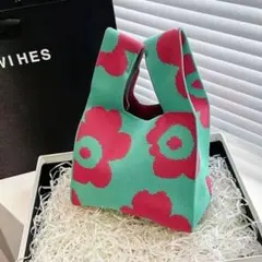 値下げ ニット ニットトートバッグ ミニバック サブバッグ 花柄 韓国 ブルー