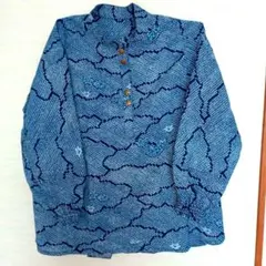 着物リメイク　青系絞りの長袖ブラウスシャツ