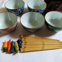 新品　丼ぶり揃　5客　有田焼　箸、箸置き、トレー付き　三洋陶器　林斎　赤絵