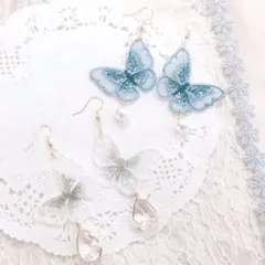 オーガンジー　刺繍　蝶　ピアス　イヤリング　♡ ハンドメイド