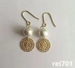 No.555 シンプル　コットンパール×透かしパーツ　ピアス　イヤリング