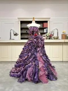 【美品】7〜11号和柄和風華やかな紫色のフリルドレス結婚式お色直しフォト舞台礼服