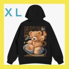 メンズ トップス 黒 パーカー トレーナー 韓国 XL 裏起毛 ベアー くま