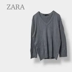 【ZARA ザラ】ニット　セーター　Vネック　長袖　無地　グレー　L
