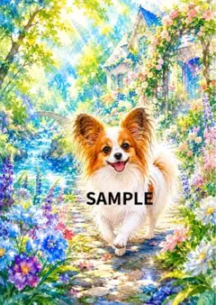 A4光沢紙】パピヨン 花壇 ペチュニア 花 犬 ガーデン - メルカリ