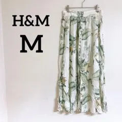 美品✨ H＆M 【M】 葉柄 フレアロングスカート スリット入り ウエストゴム