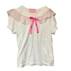 Nile Perch ナイルパーチ 襟付Tシャツ ホワイト×ピンクレース リボンのサムネイル