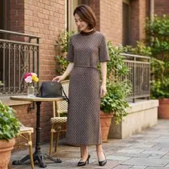 G6225*ザラ☆ZARA☆ワンピース☆幾何学柄☆ベルト☆S☆ミモレ丈☆茶