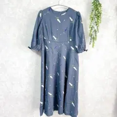 【バンドウキョウコ】ワンピース/花柄/麻混/L/ブルー/半袖