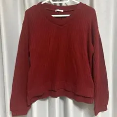 バーガンディ Vネック リブ編み セーター