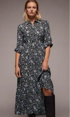 ZARA ザラ　花柄ペイズリー柄ロングシャツワンピースブラック　五明祐子さん着用