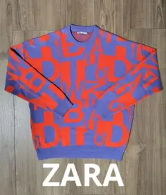 【美品】ZARA メンズ英字総柄ニット クルーネックセーター