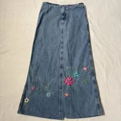 シスレー　ベネトン　デニムロングスカート　花柄刺繍　バックスリット　90sのサムネイル