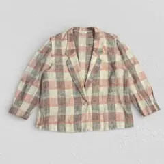 レーヨン麻混 チェック柄 ピンク テーラードジャケット 春夏 羽織 古着