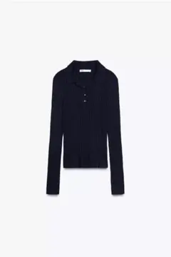 ZARA リブニットポロセーター ネイビーブルー