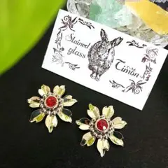 花❀ゴールドカラー 2way ポストピアス 赤 レッド No.752