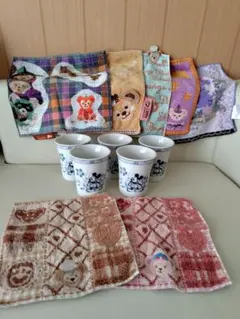 【ほぼ未使用】オールドミッキー レトロ湯呑 5客 ＆ ダッフィー タオル 7枚