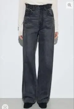 ダークグレー ハイウエスト ワイドレッグ デニム M