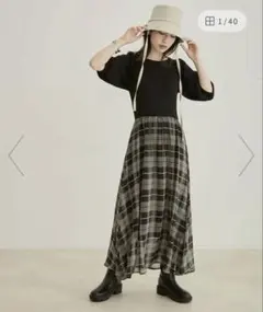 VIS ニットプリントスカートドッキングワンピース ブラックチェック