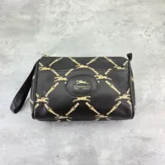 【美品】ロンシャン ポーチ 小物入れ モノグラム レザー 総柄 ブラウン