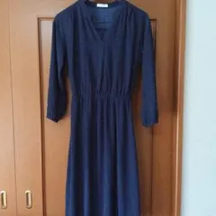 DRESKIP 深藍色 圓點花紋 長袖連衣裙M 漂亮 今，作為春季的一件單品！