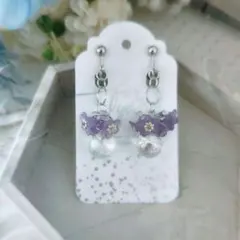 花/イヤリング/ファルファーレビーズ/パープル/鈴丸ビーズ/オーロラ