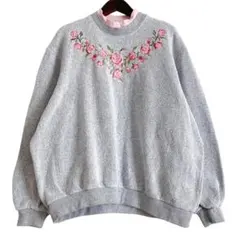 メキシコ製 海外古着 花刺繍 フラワー 二重襟 スウェット トレーナー グレーのサムネイル