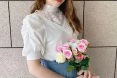 abc une face レースハイネック パフスリーブ リブカットソーのサムネイル